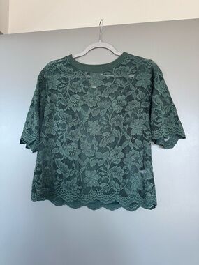 Anthropologie Lace Floral Short Sleeve Top - Dark Green